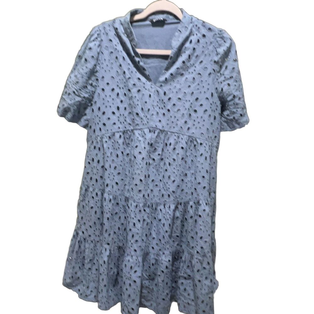 BTFBM Women's Blue Eyelet Tiered Short Sleeve V-Neck Cotton Dress Size M